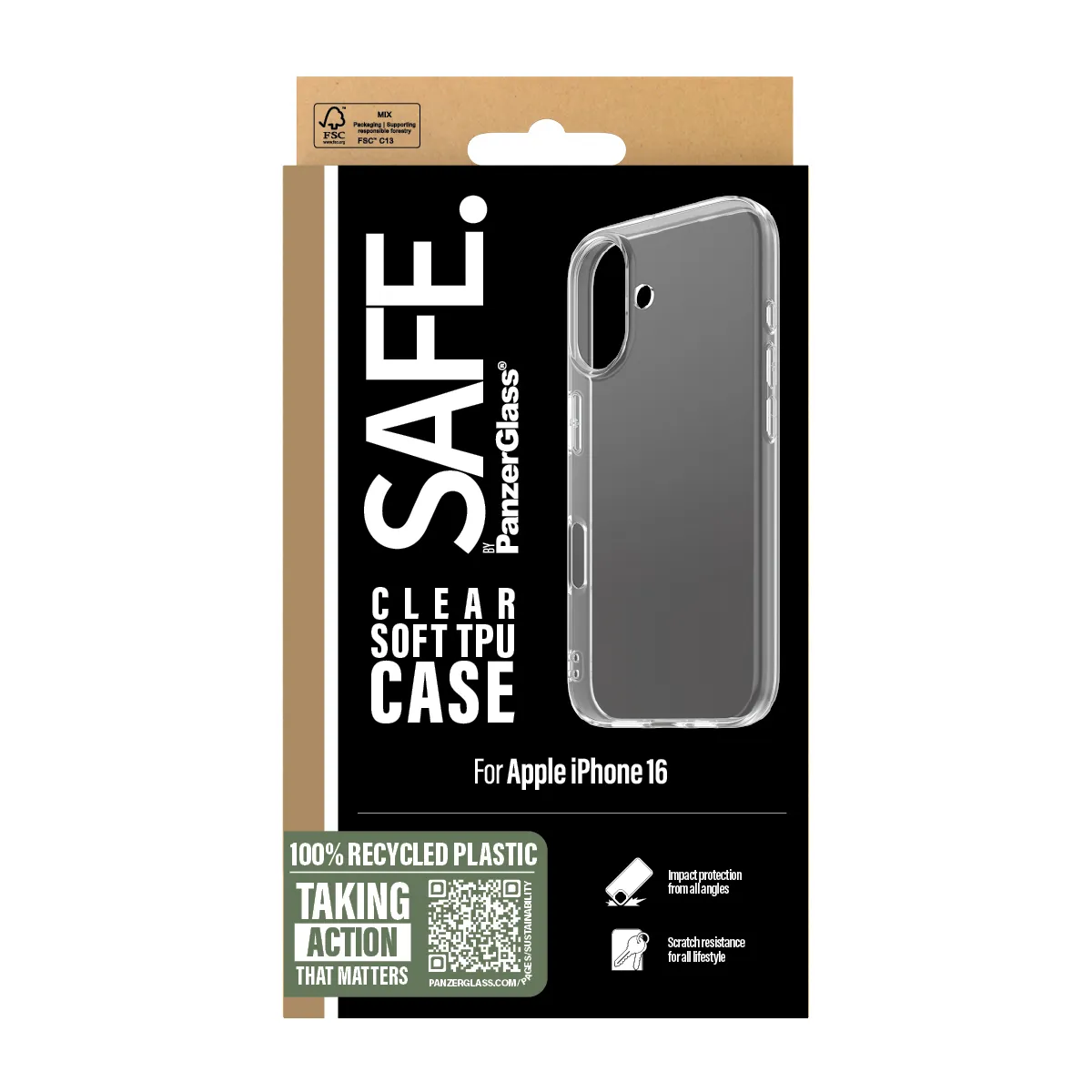 SAFE. by PanzerGlass iPhone 16 Case, Transparent
