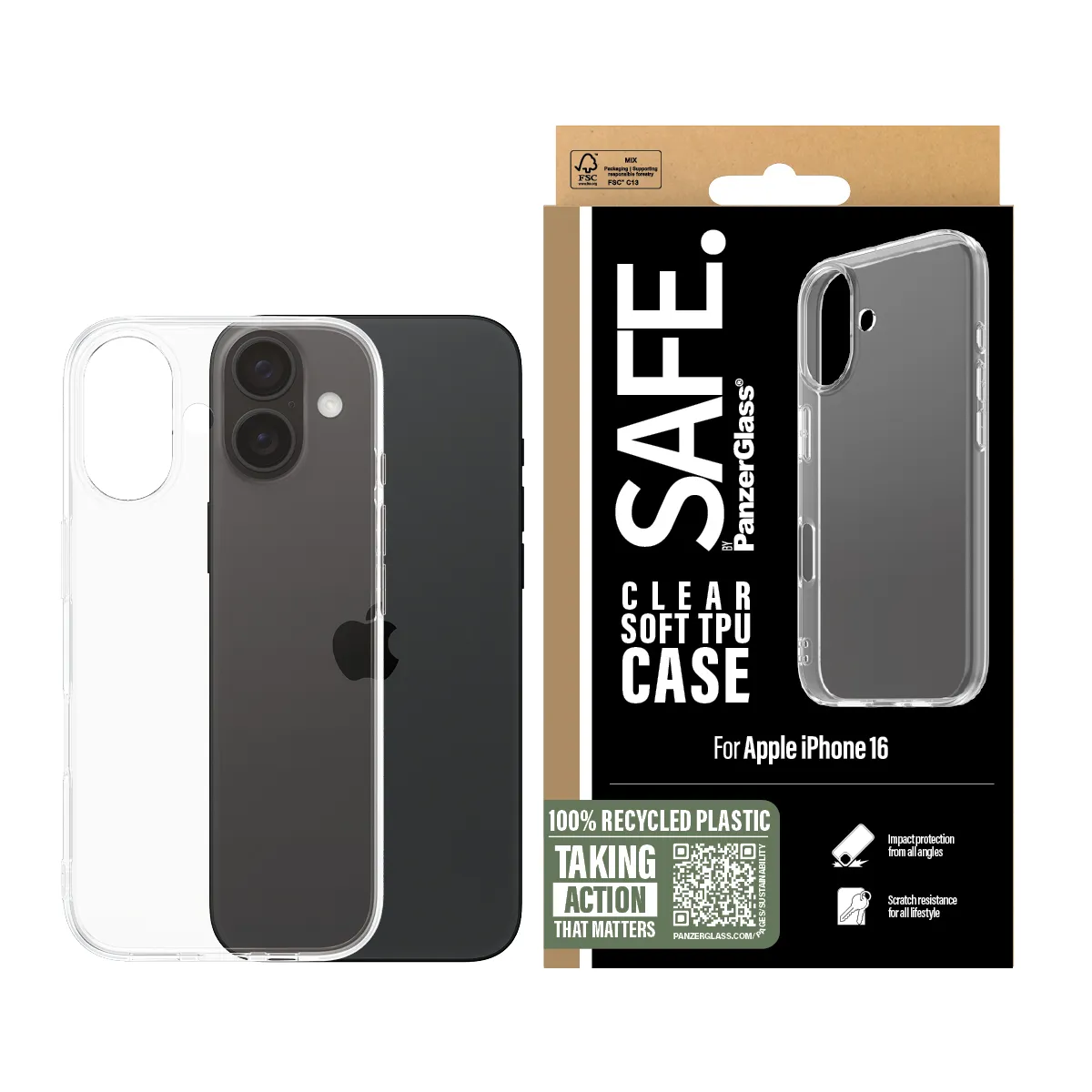 SAFE. by PanzerGlass iPhone 16 Case, Transparent