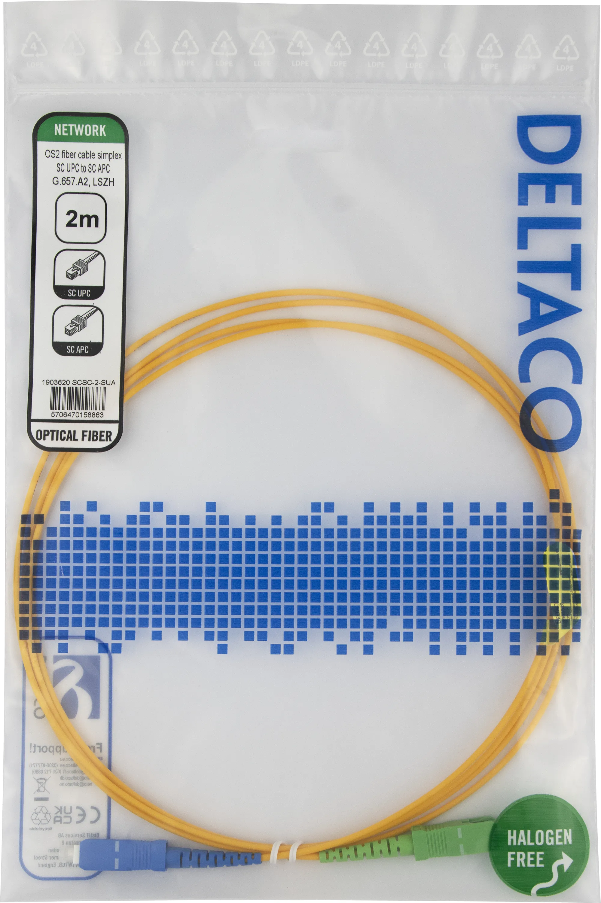 Deltaco OS2 LSZH SC-SC 2m Fiber Optic Cable, Yellow