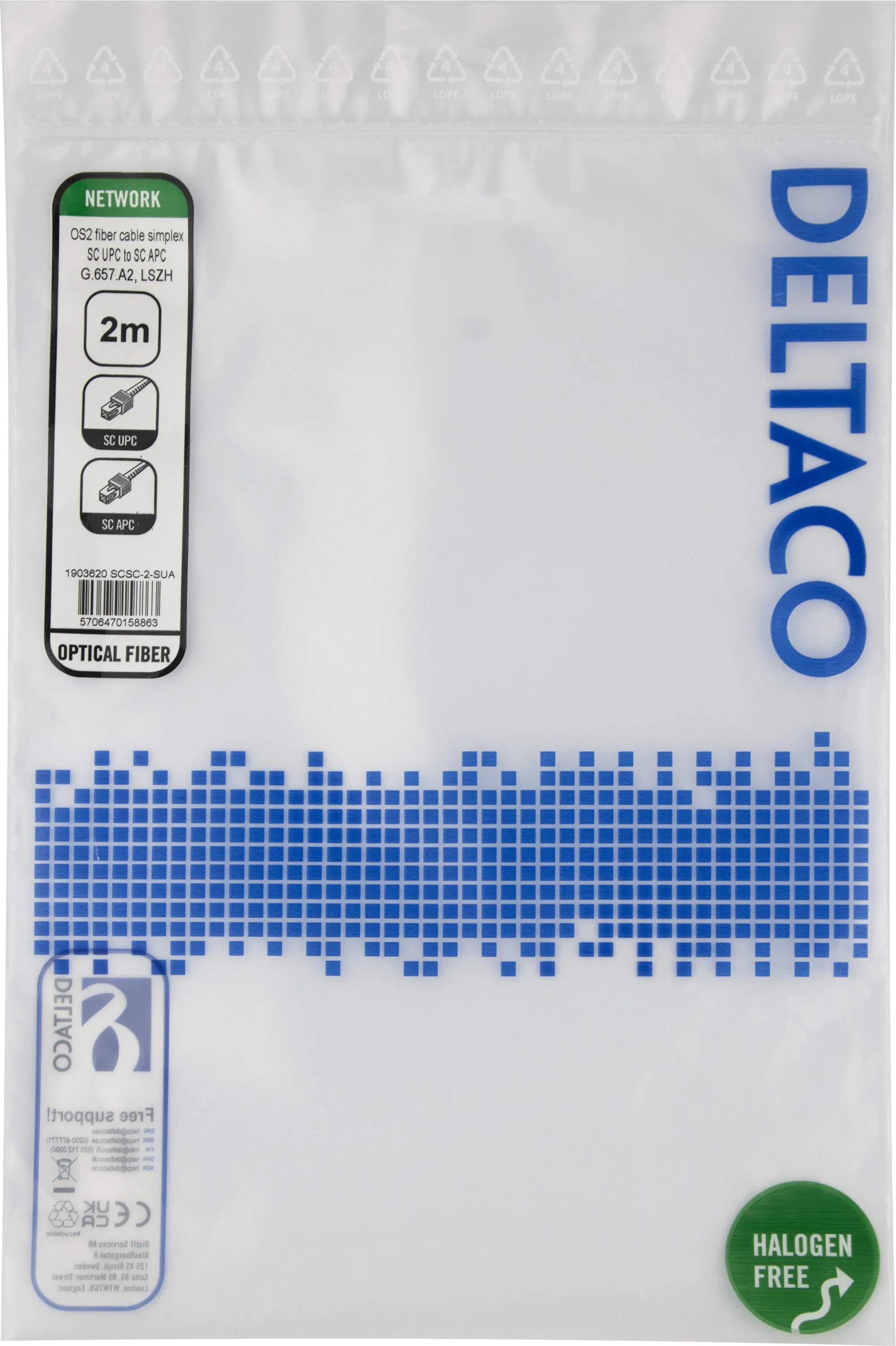 Deltaco OS2 LSZH SC-SC 2m Fiber Optic Cable, Yellow