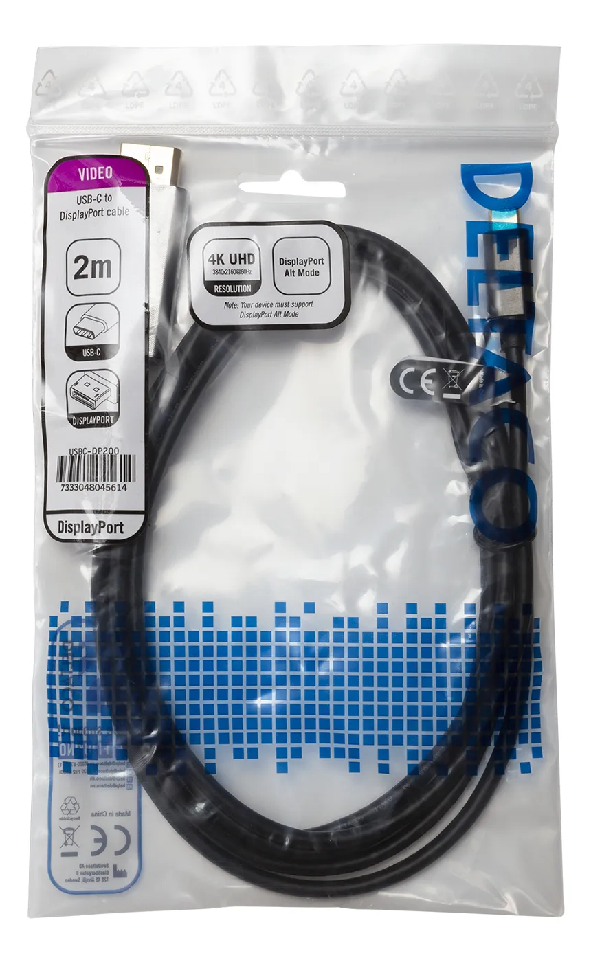 Deltaco USB-C - DisplayPort 1.2 - cable, Black, 2m