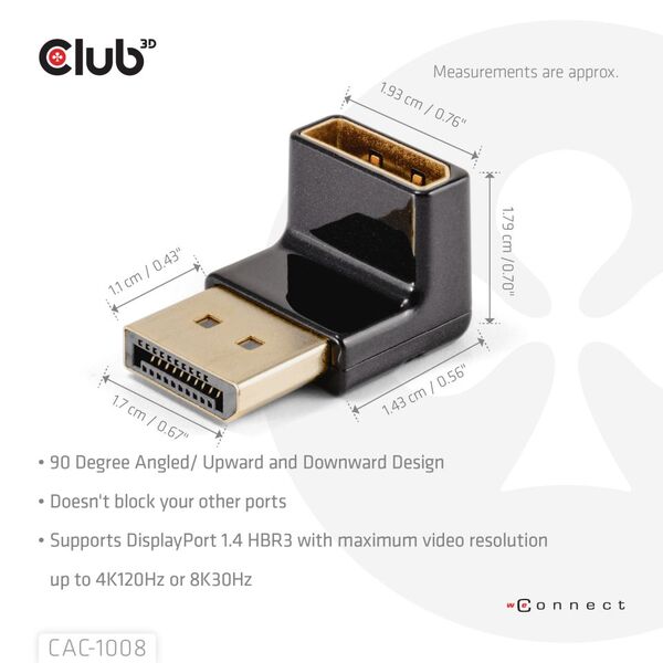 Club 3D DisplayPort - DisplayPort 1.4 4K 120Hz - adapter, Svart