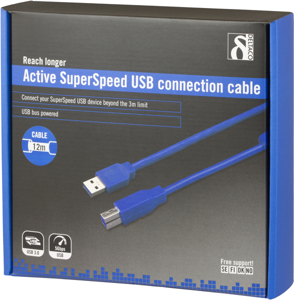DELTACO aktiivinen USB 3.0-jatkokaapeli, TyyppiA ur- TyyppiB ur12m,sin