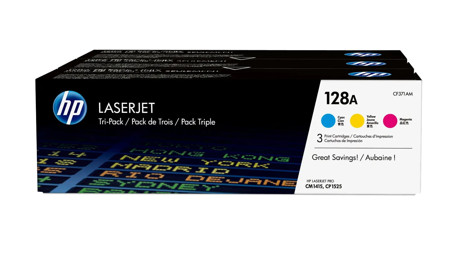 HP 128A -laserv&auml;rikasettipakkaus, syaani, magenta, keltainen, 3 kpl