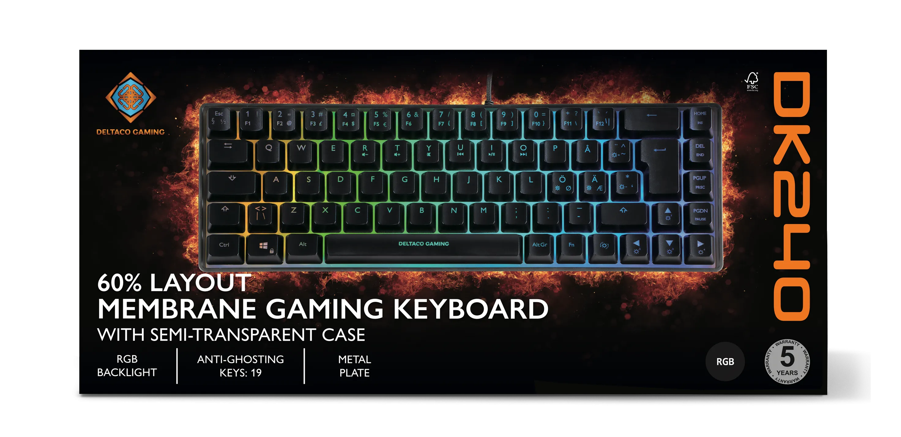 Deltaco Gaming DK240. 60%, membran switches, RGB - speltangenbord, svart