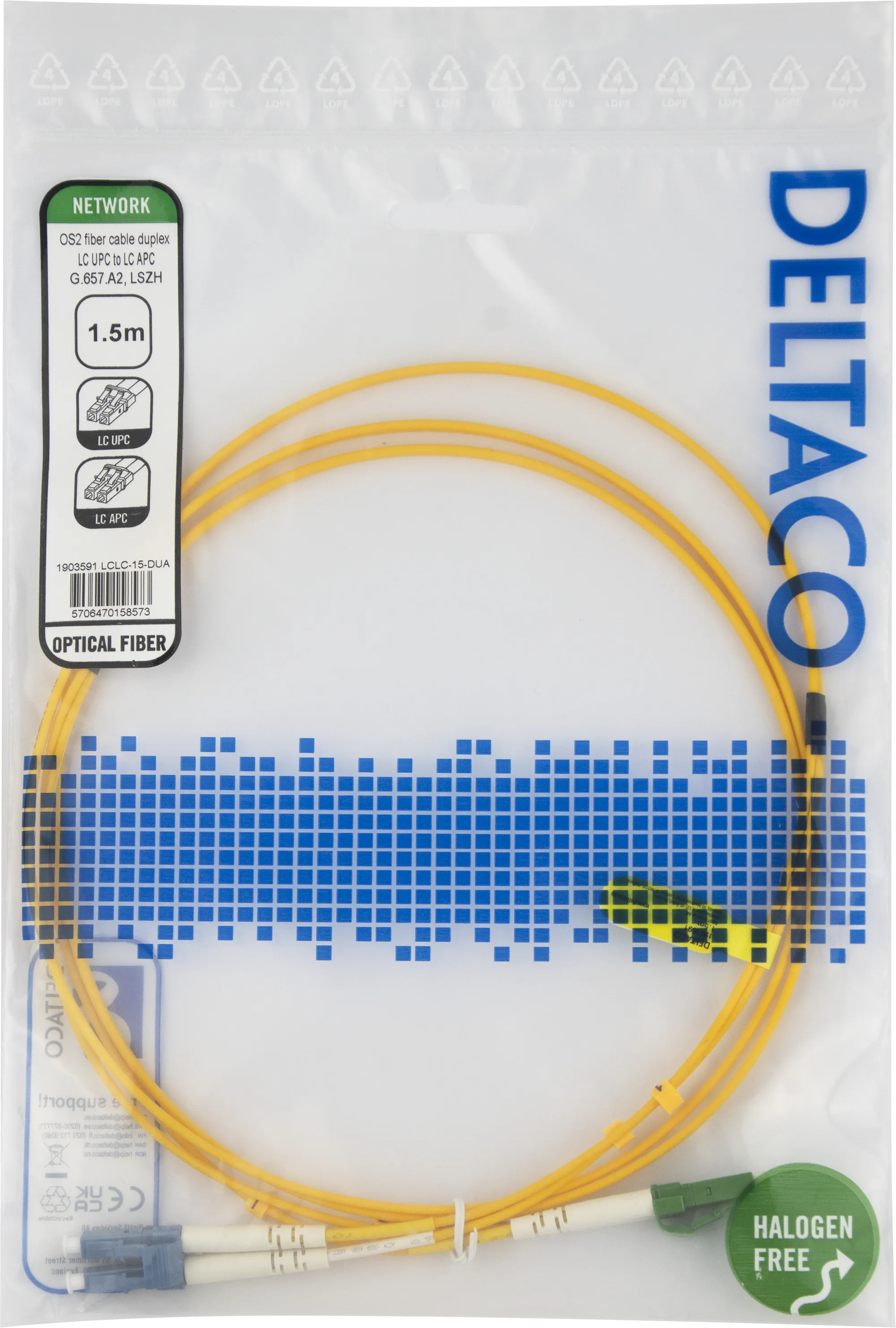 Deltaco OS2 LC-LC 1.5m fiberkabel, gul