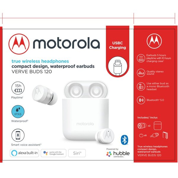 Motorola Vervebuds 120 TWS -langattomat nappikuulokkeet, valkoinen