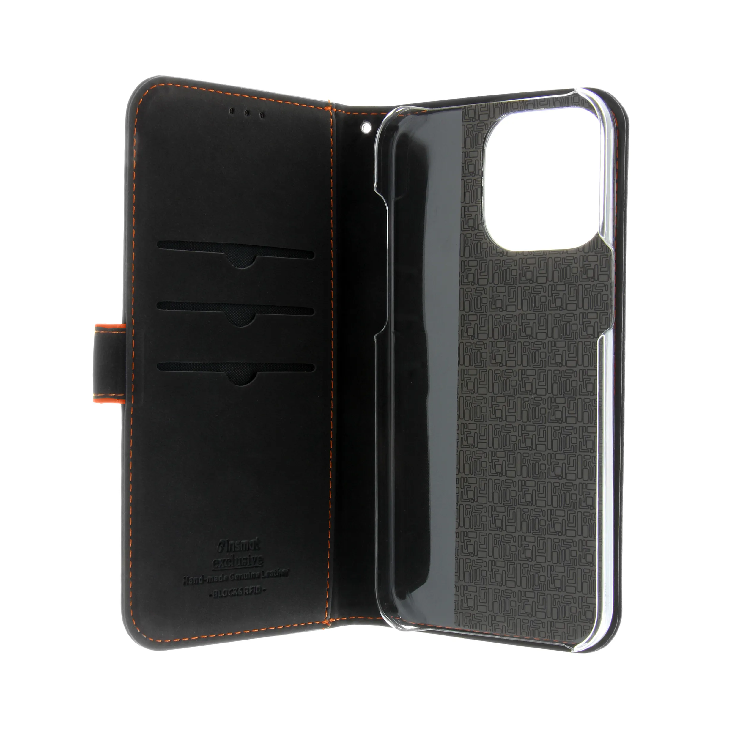 Insmat Flip Case, iPhone 15 Pro Max - Wallet Case, Black/Orange