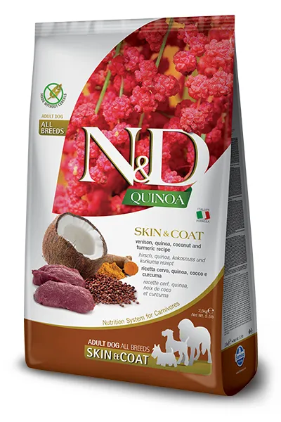 Farmina N&D Quinoa Skin & Coat Venison, Coconut and Turmeric Medium & Maxi, Koiran kuivaruoka, Adult, 7 kg
