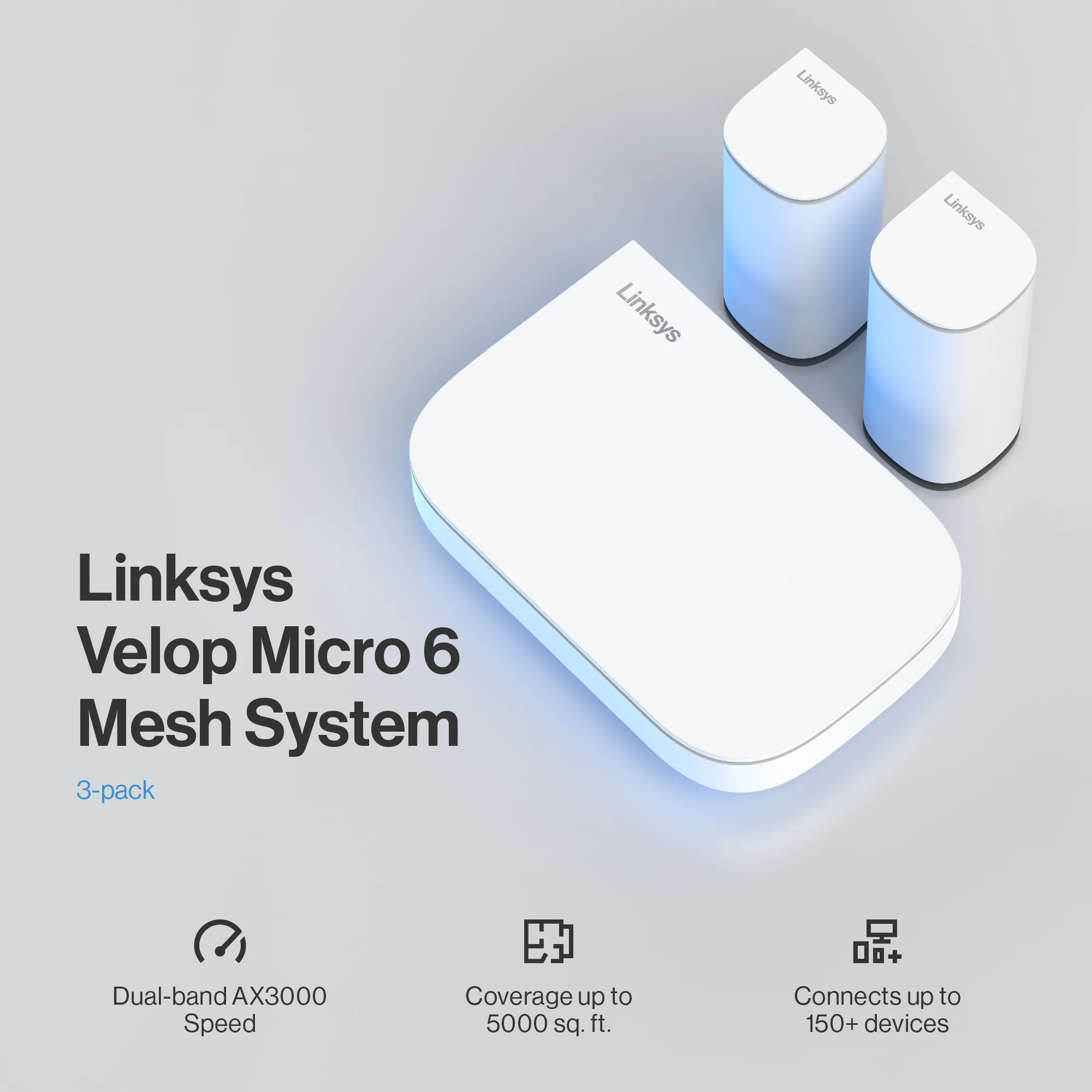 Linksys Velop Micro 6 -mesh WiFi -j&auml;rjestelm&auml;, Wi-Fi 6, AX3000, Dual-band, 3 kpl, multi-gigabit WAN -portilla, valkoinen