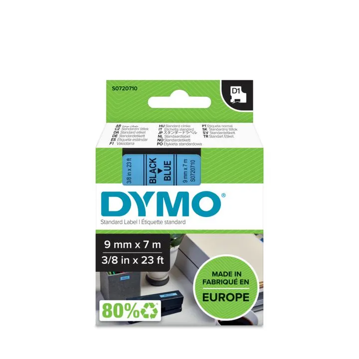 DYMO D1 m&auml;rktejp standard 9mm, svart p&aring; bl&aring;tt, 7m rulle (40916)