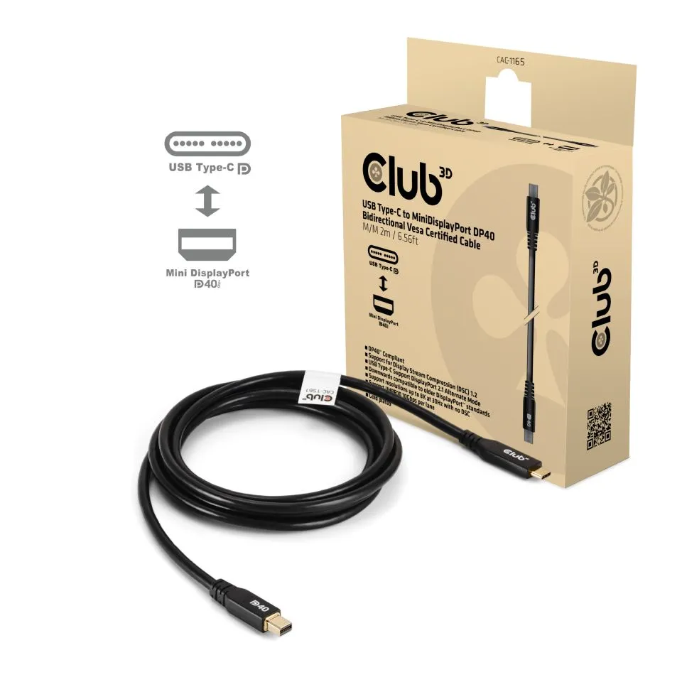 Club 3D USB-C - Mini DisplayPort 2.1 -kaapeli, Musta, 2m