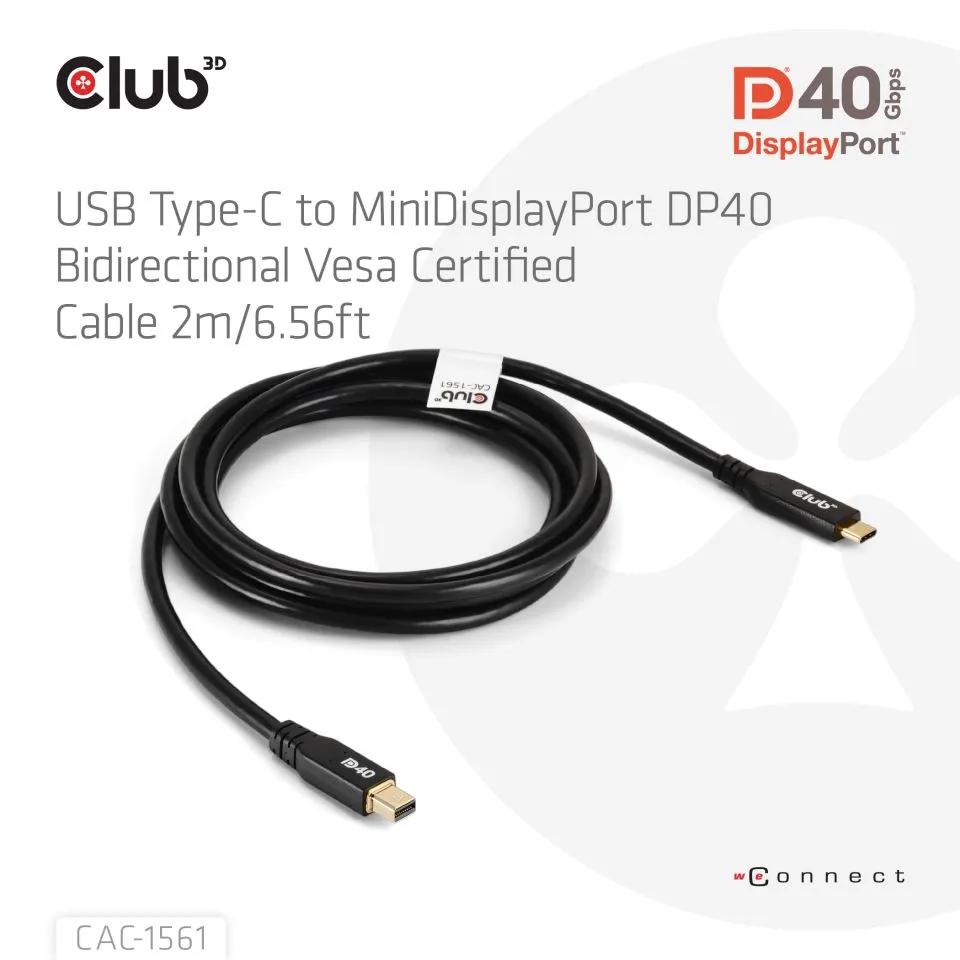 Club 3D USB-C - Mini DisplayPort 2.1 -kaapeli, Musta, 2m