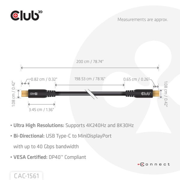 Club 3D USB-C - Mini DisplayPort 2.1 -kaapeli, Musta, 2m