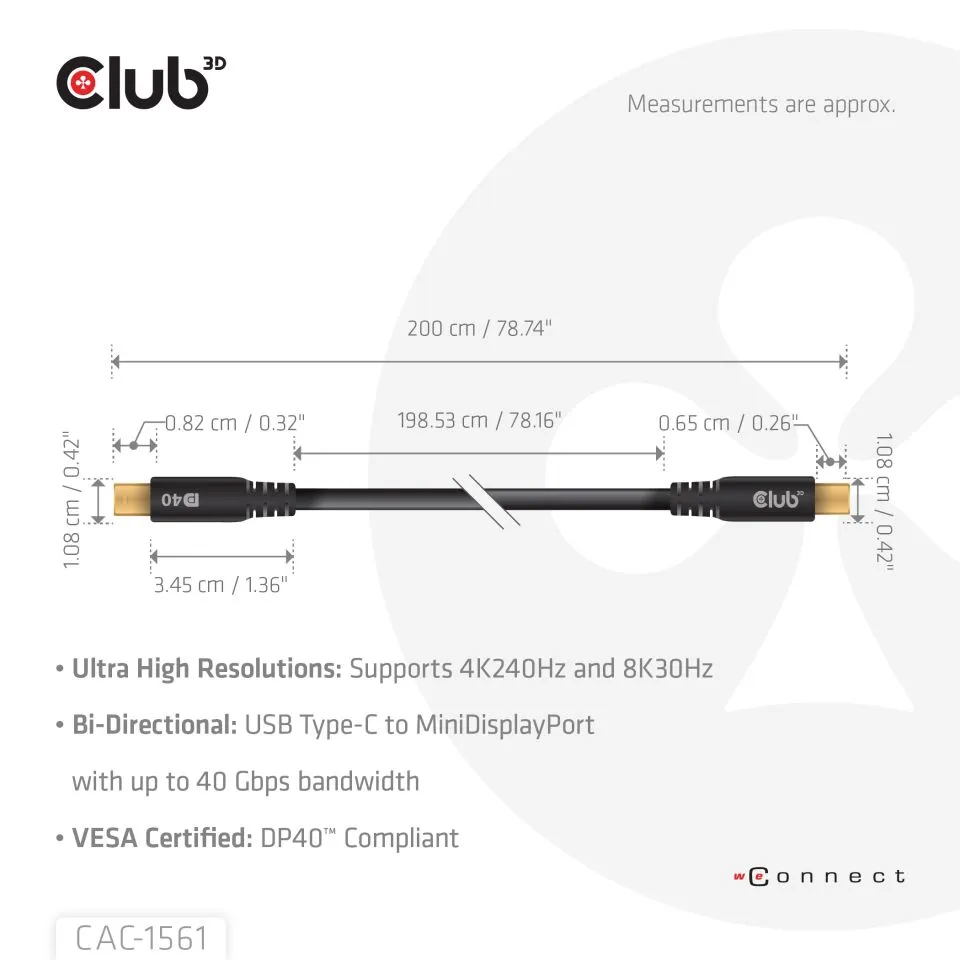 Club 3D USB-C - Mini DisplayPort 2.1 -kaapeli, Musta, 2m