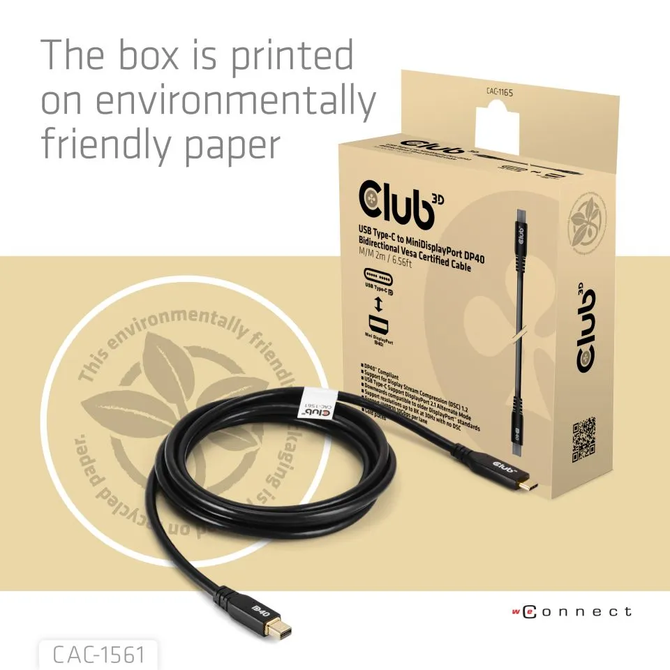 Club 3D USB-C - Mini DisplayPort 2.1 -kaapeli, Musta, 2m