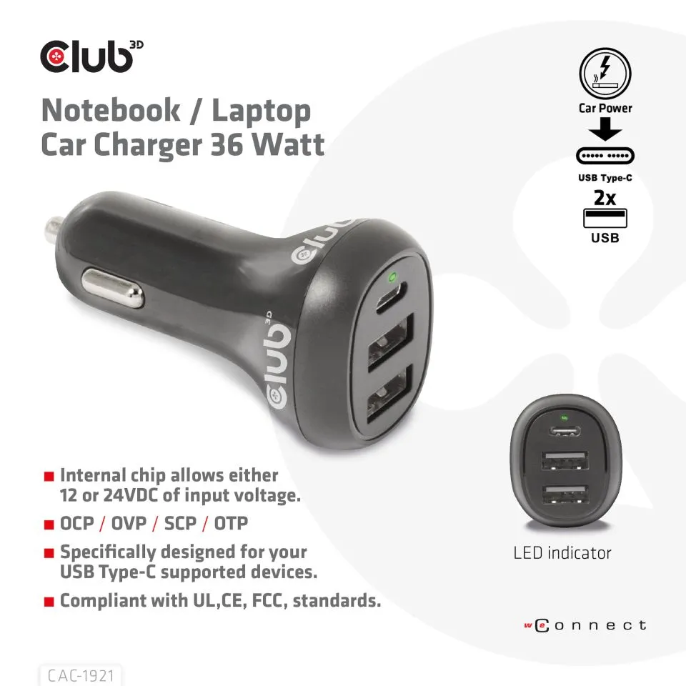 Club 3D 36W 2xUSB-A, 1xUSB-C -autolaturi, Musta