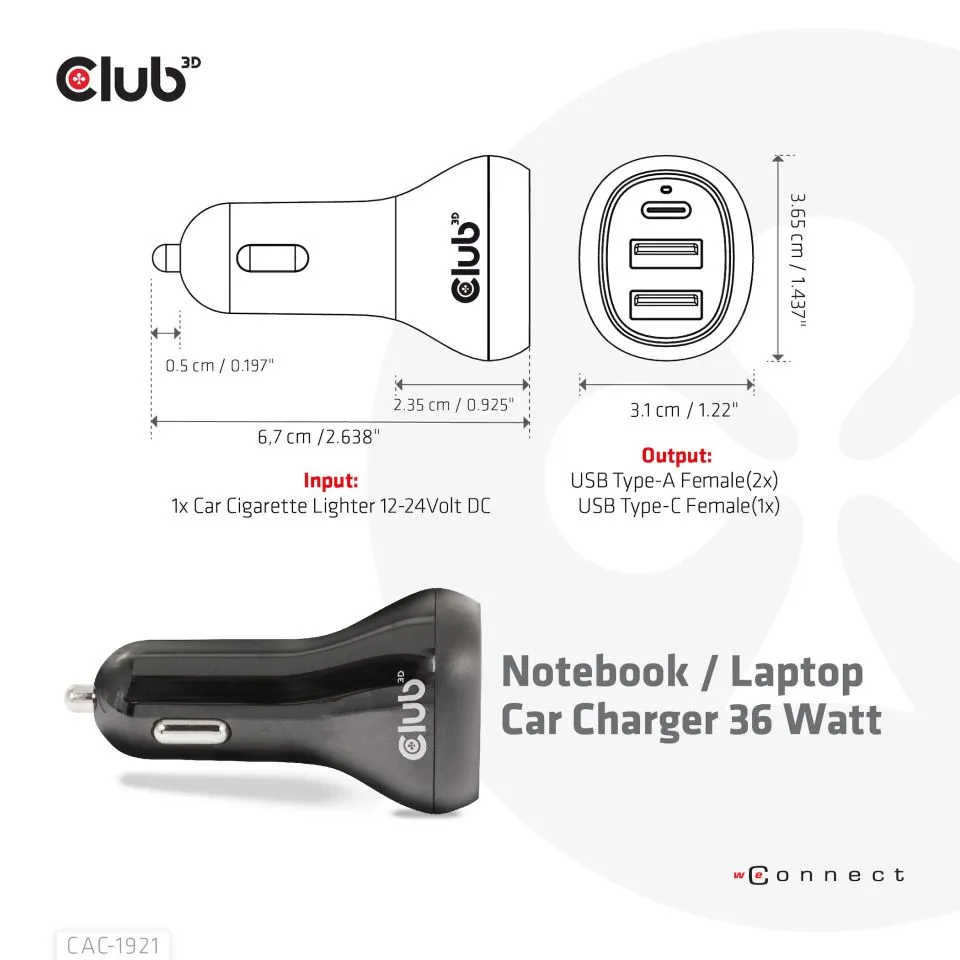 Club 3D 36W 2xUSB-A, 1xUSB-C -autolaturi, Musta