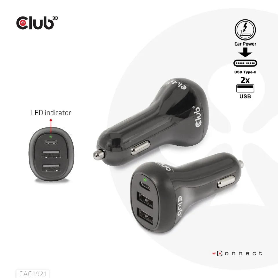 Club 3D 36W 2xUSB-A, 1xUSB-C -autolaturi, Musta