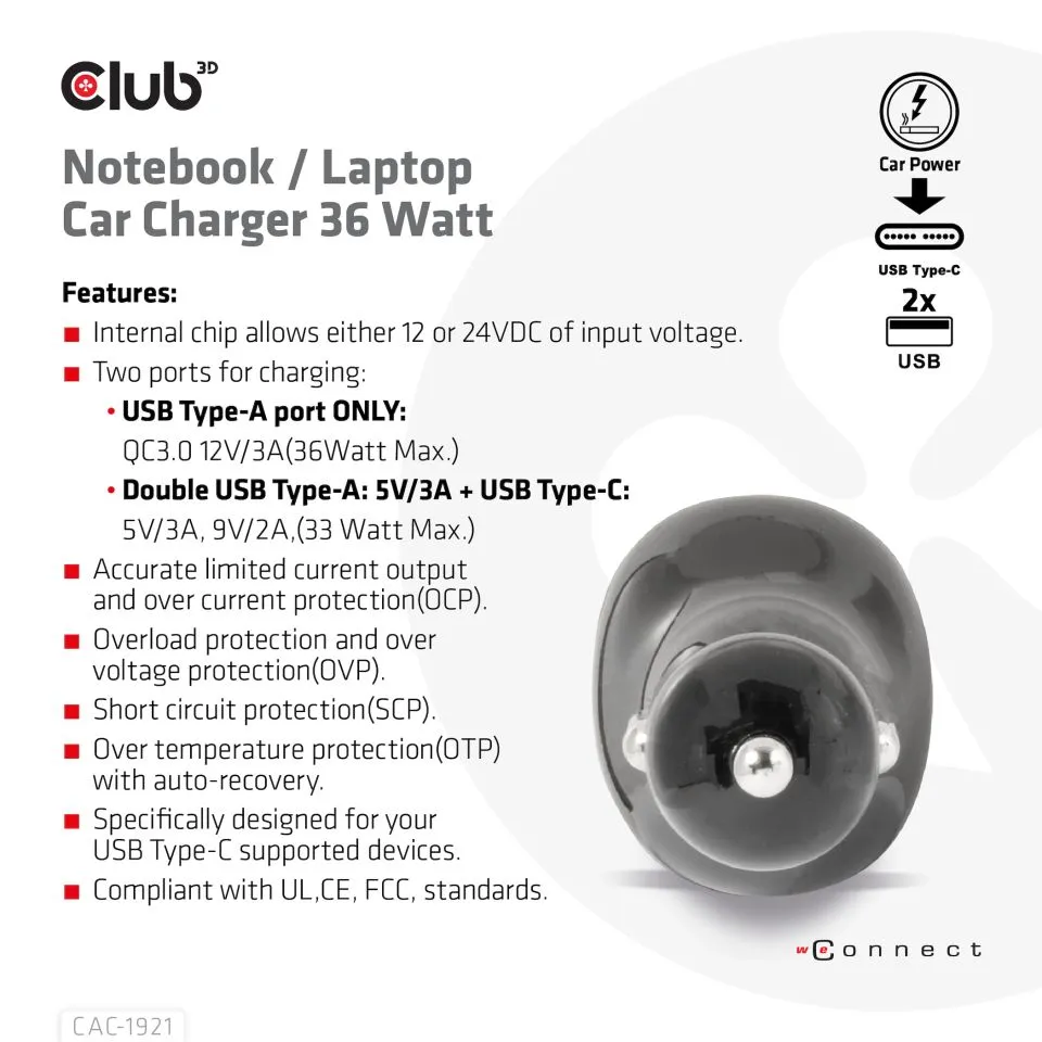 Club 3D 36W 2xUSB-A, 1xUSB-C -autolaturi, Musta
