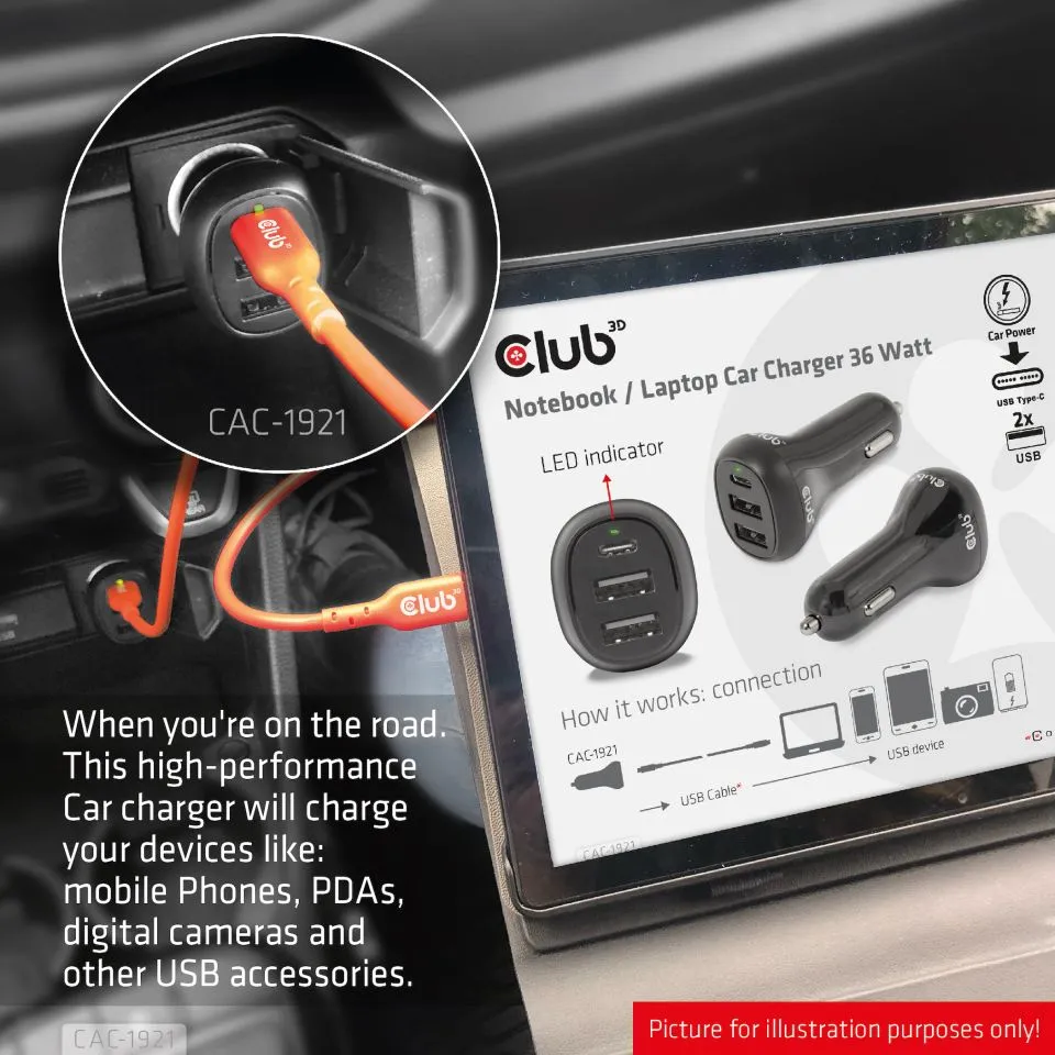 Club 3D 36W 2xUSB-A, 1xUSB-C -autolaturi, Musta