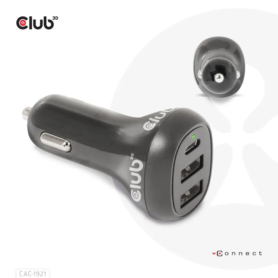 Club 3D 36W 2xUSB-A, 1xUSB-C -autolaturi, Musta