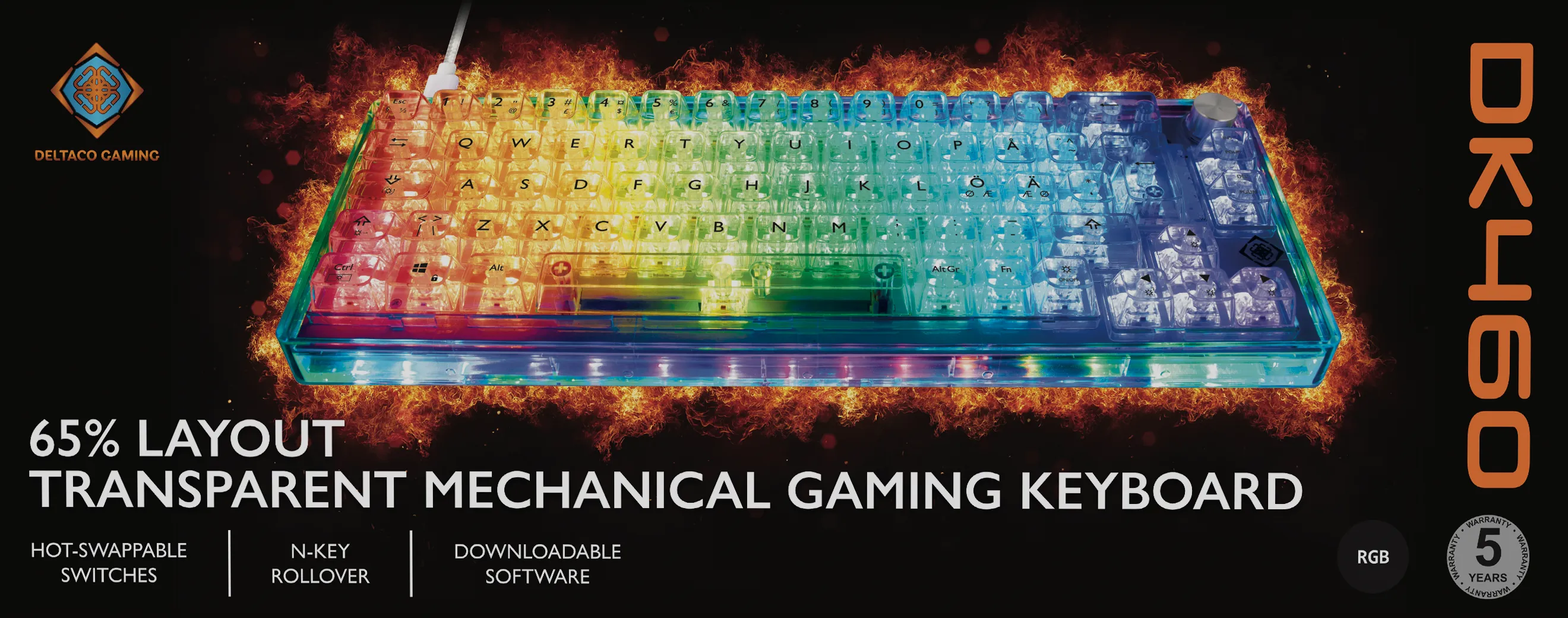 Deltaco Gaming DK460, 65%, Content KTT Switches, Hot swappable, RGB -pelin&auml;pp&auml;imist&ouml;, l&auml;pin&auml;kyv&auml;