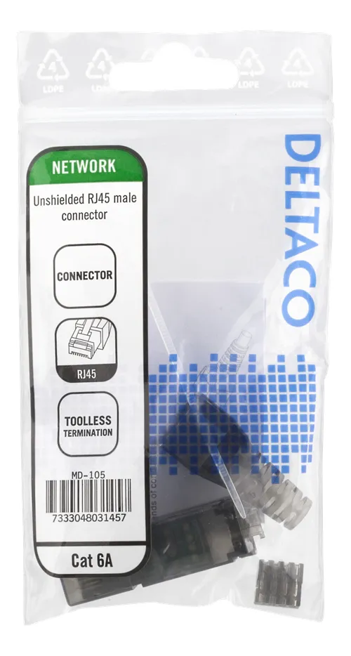 DELTACO RJ45 kontaktdon Cat6A, oskärmad, verktygsfri, grå