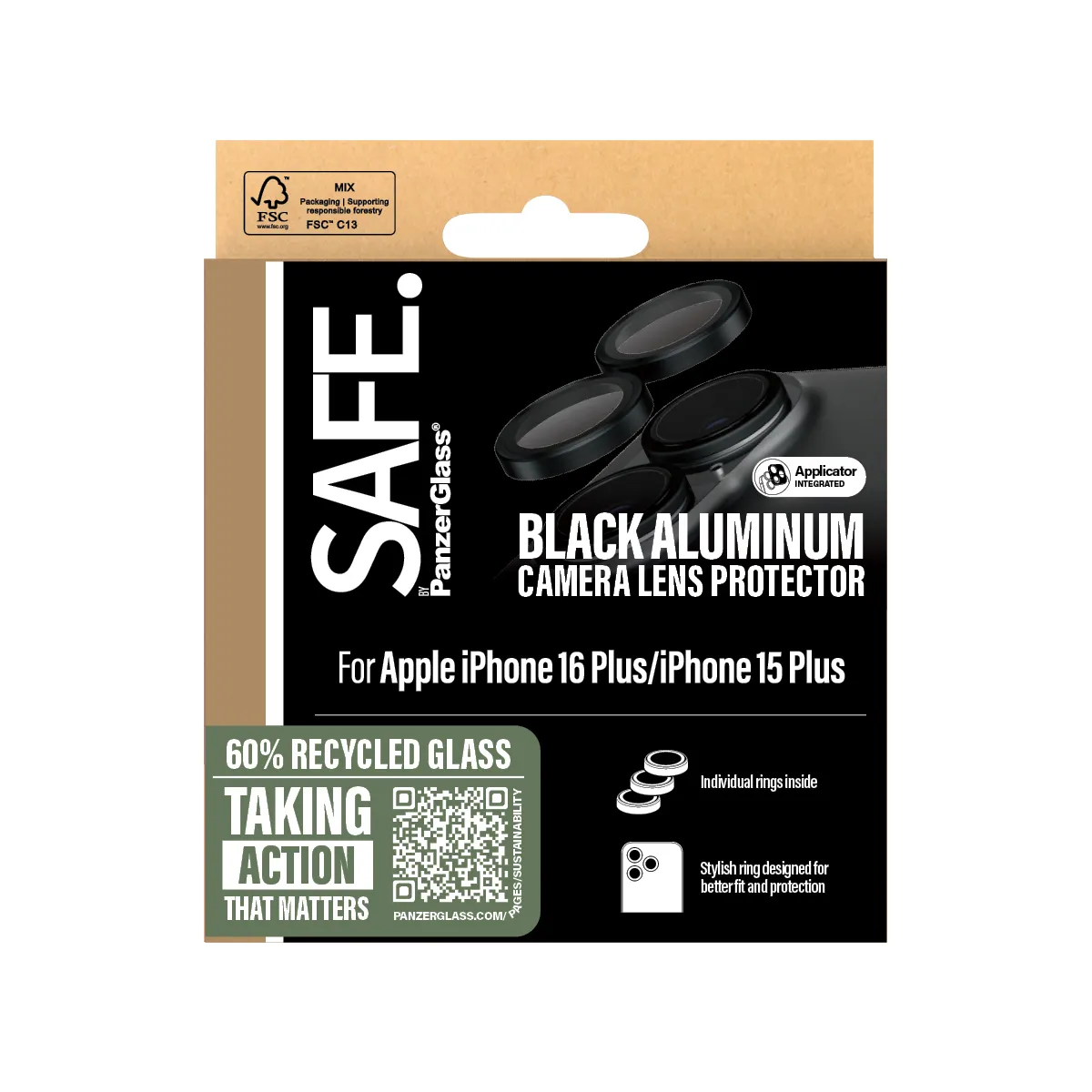 PanzerGlass SAFE iPhone 16 / 16 Plus kameralinsskydd, Black