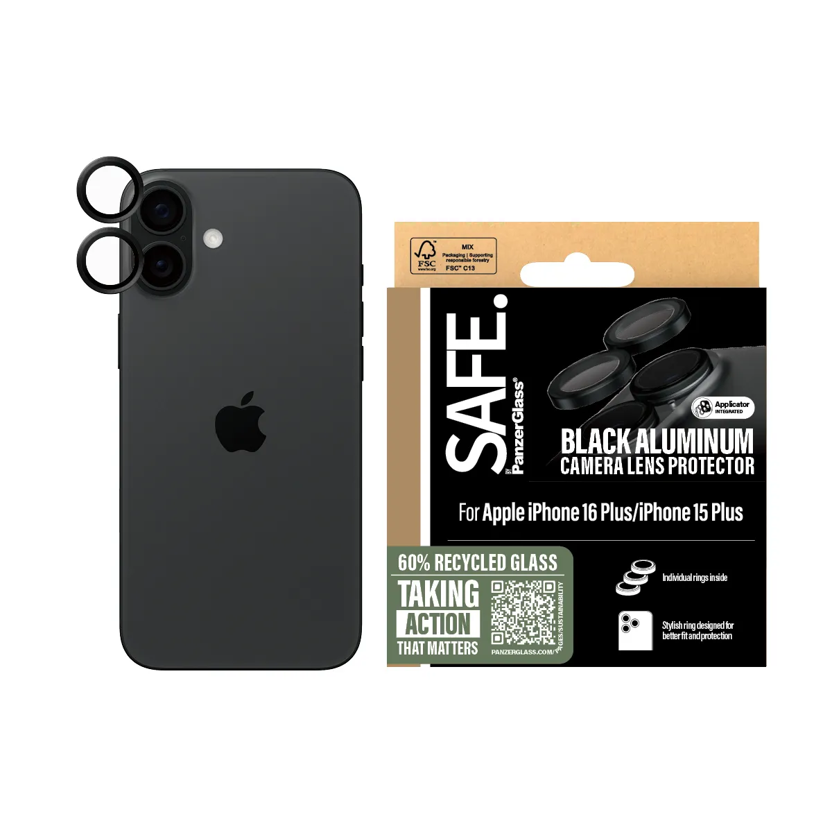 PanzerGlass SAFE iPhone 16 / 16 Plus kameralinsskydd, Black