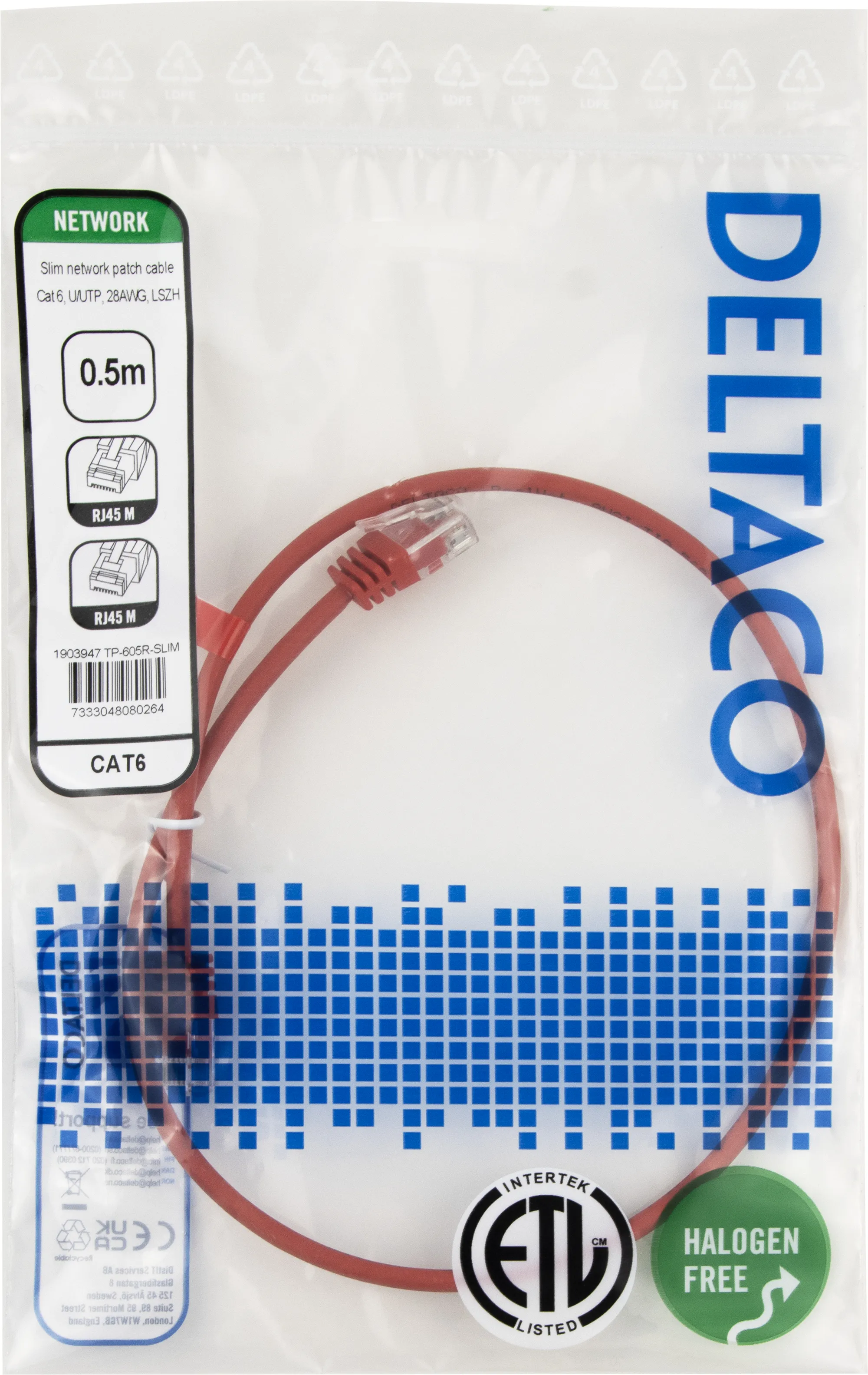 Deltaco Cat6 UTP RJ45 0.5m -verkkokaapeli, punainen