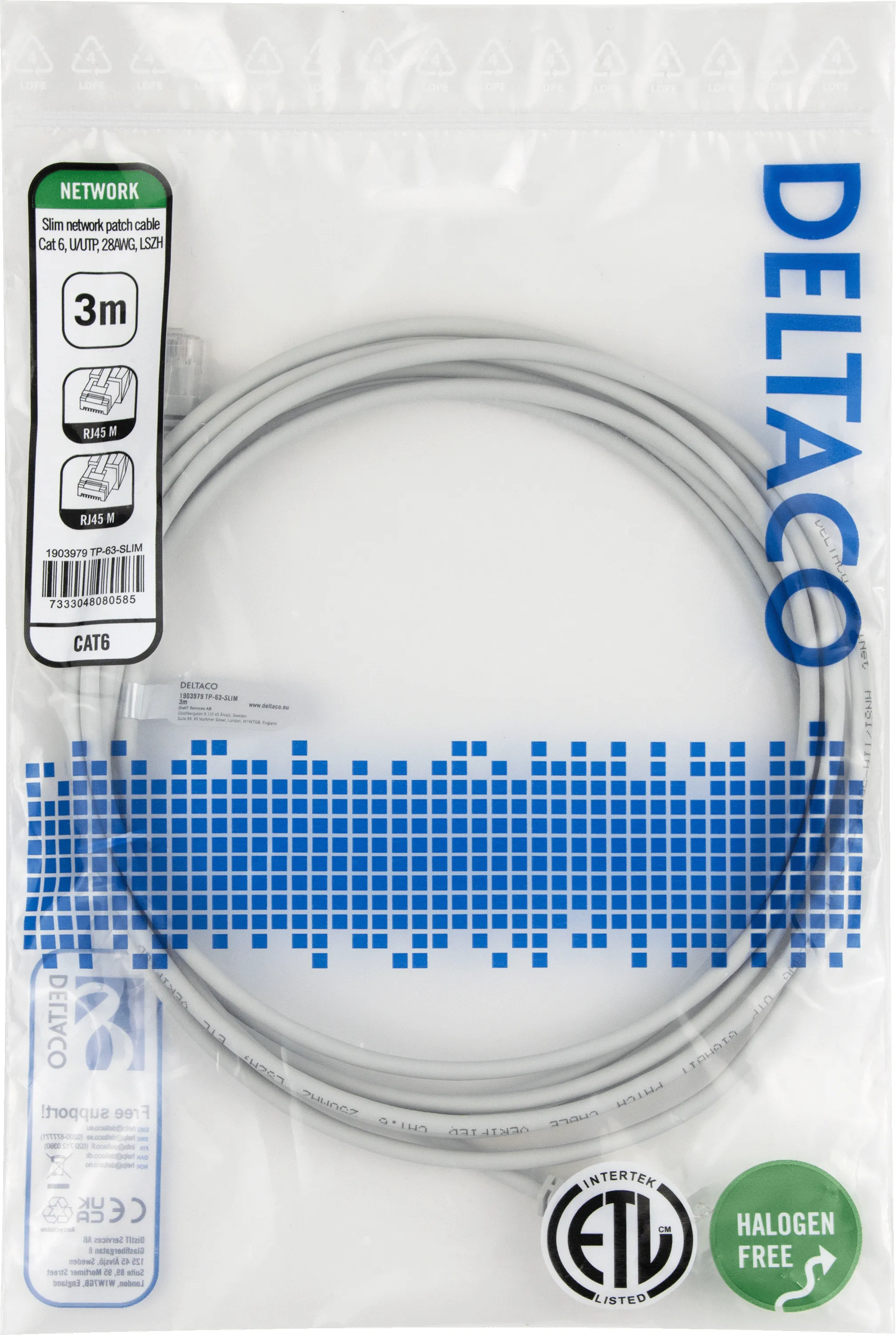 Deltaco Cat6 UTP RJ45 3m -verkkokaapeli, harmaa