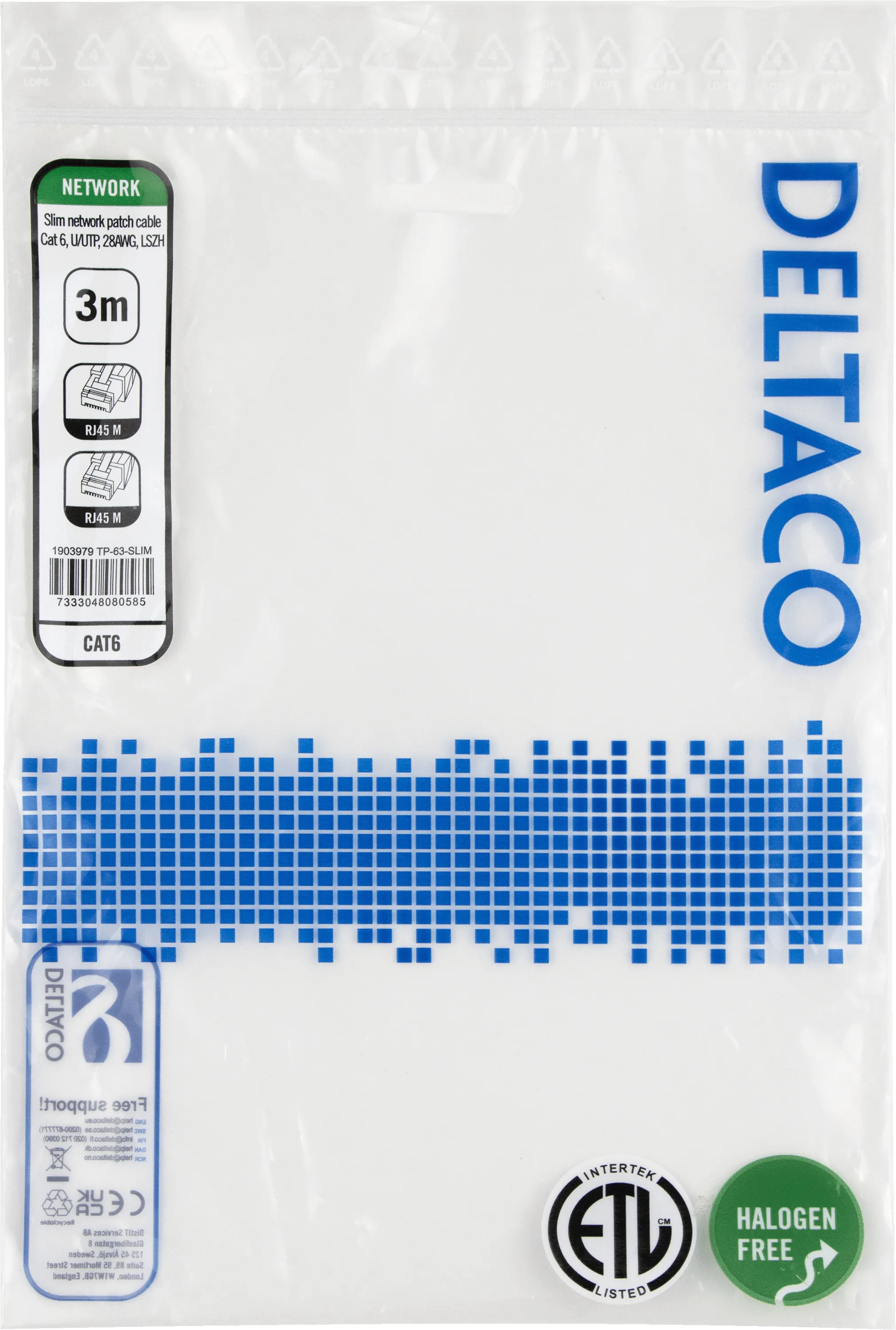 Deltaco Cat6 UTP RJ45 3m -verkkokaapeli, harmaa