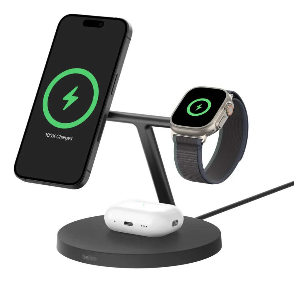 BELKIN BOOST CHARGE PRO 3-in-1 Qi2 15w Wireless Charger with Apple watch fast charge - wireless charger, White