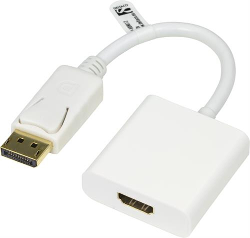 DELTACO DisplayPort - HDMI-sovitin, jossa &auml;&auml;ni, ur-na, 0,2m, valkoin