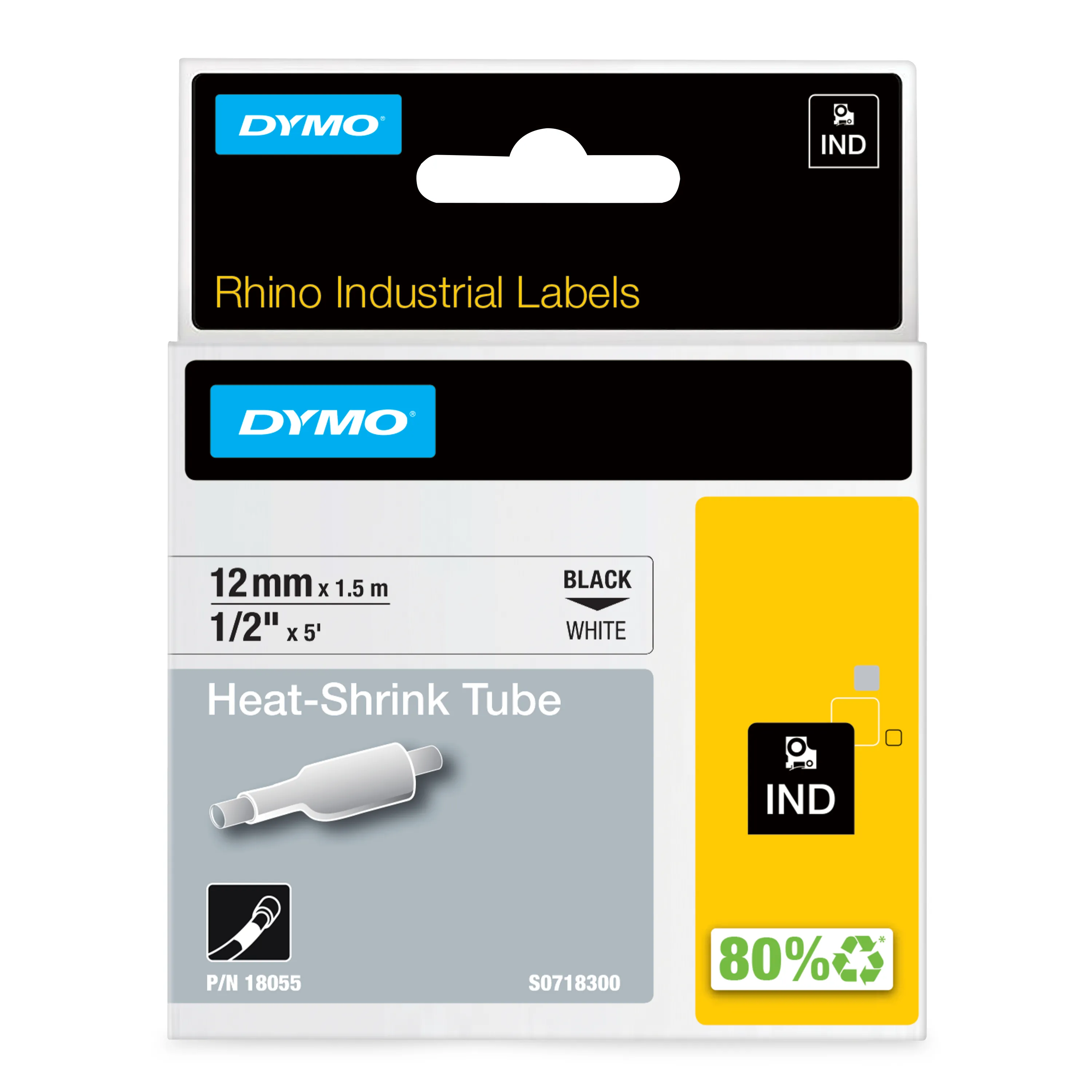 DYMO RhinoPRO m&auml;rkbar krympslang 12mm, svart p&aring; vitt, 1.5m rulle