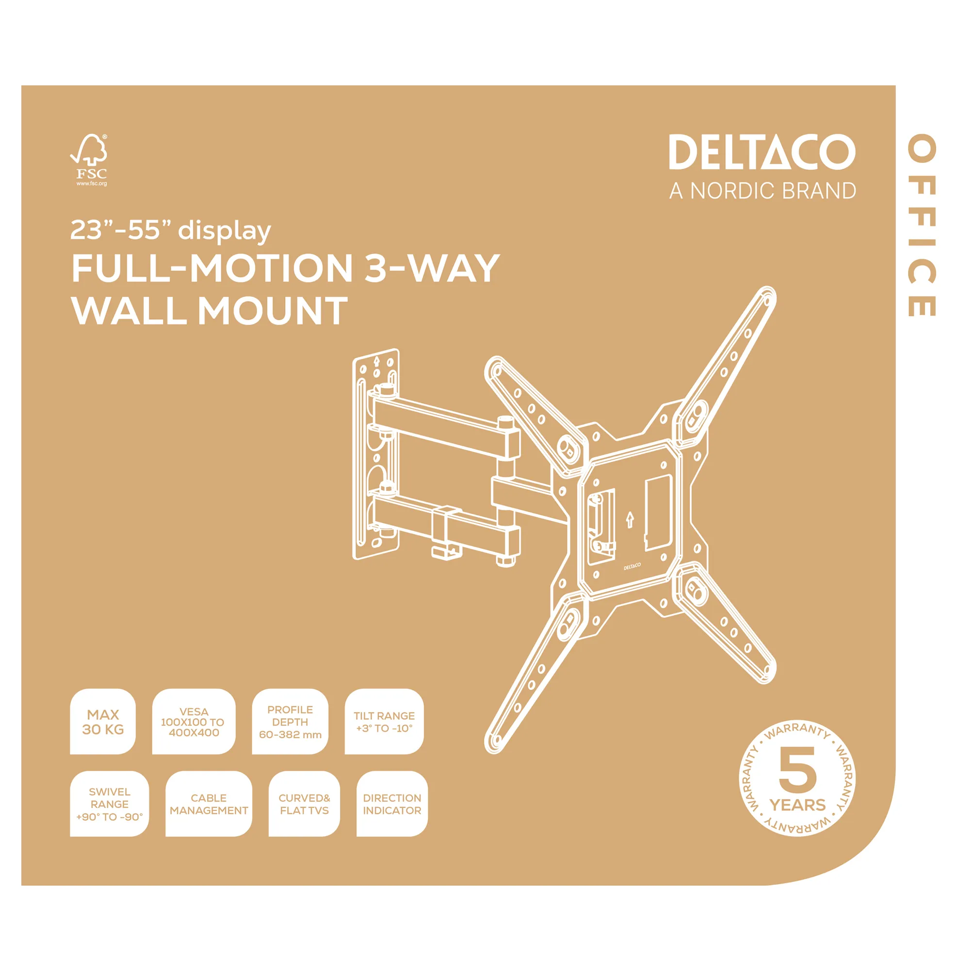 DELTACO OFFICE ARM-0255-B Full-Motion Wall Mount for 23&ndash;55-inch Displays, 30 kg, Black