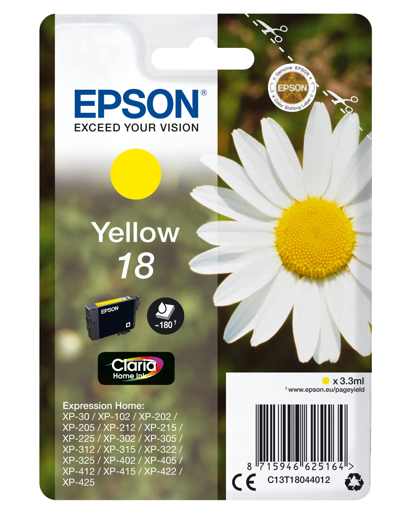 Epson 18 - 3.3 ml - keltainen - alkuper&auml;inen - blister RF:ll&auml;/&auml;&auml;nih&auml;lyttimell&auml; - mustepatruuna malleihin Expression Home XP-212, 215, 225, 312, 315, 322, 325, 4