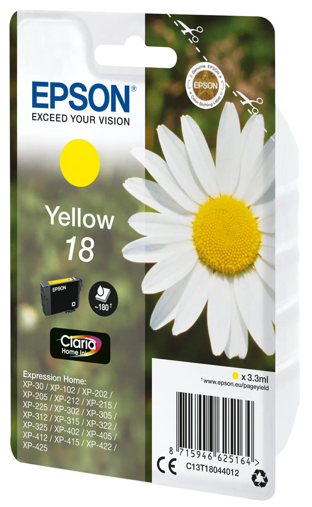 Epson 18 - 3.3 ml - keltainen - alkuper&auml;inen - blister RF:ll&auml;/&auml;&auml;nih&auml;lyttimell&auml; - mustepatruuna malleihin Expression Home XP-212, 215, 225, 312, 315, 322, 325, 4