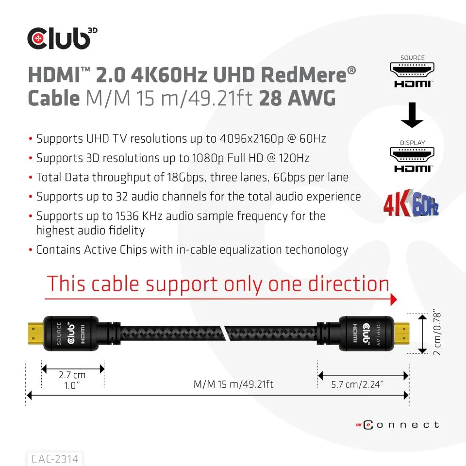 Club 3D  HDMI – HDMI 2.0 - kabel, 15 m, Svart