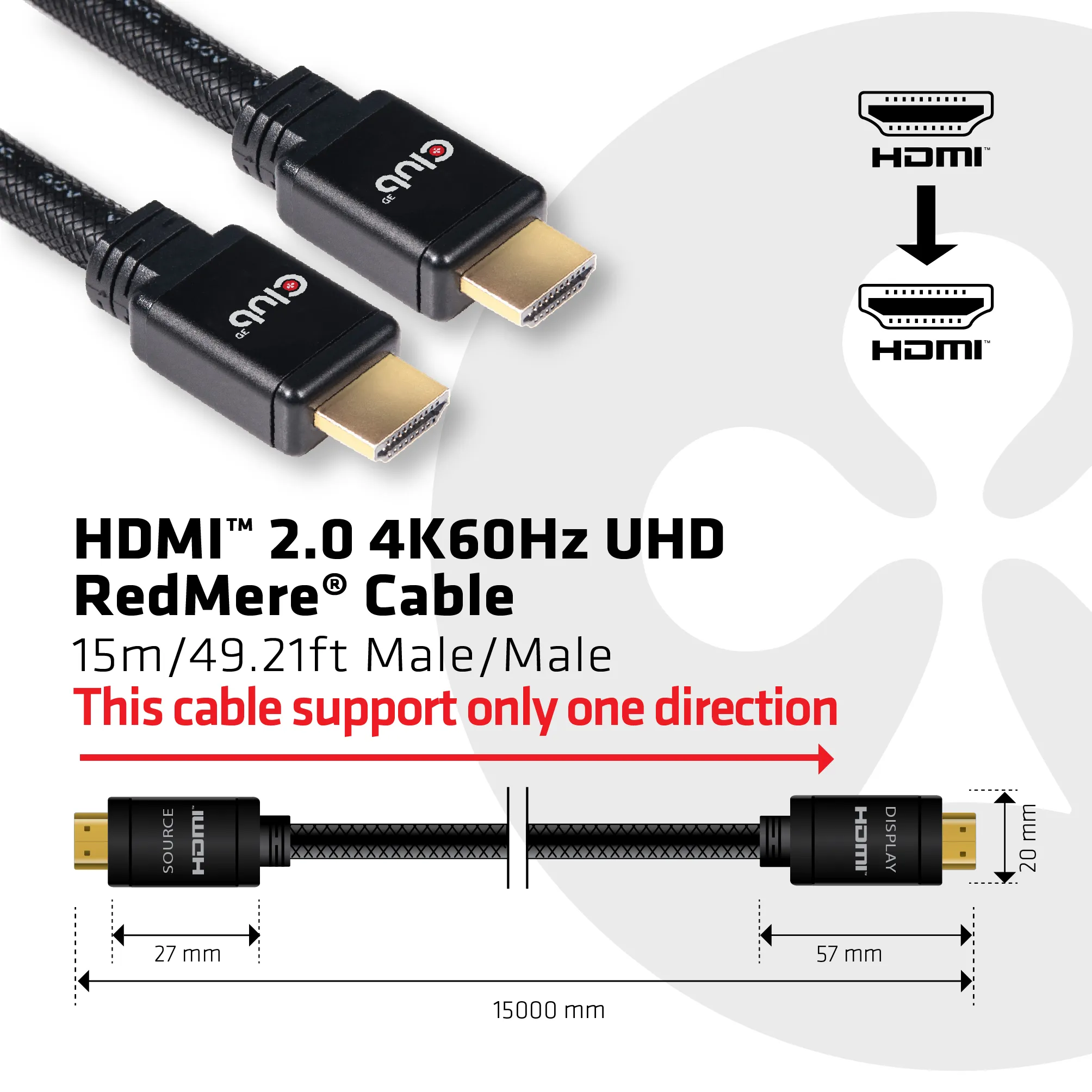 Club 3D  HDMI – HDMI 2.0 - kabel, 15 m, Svart