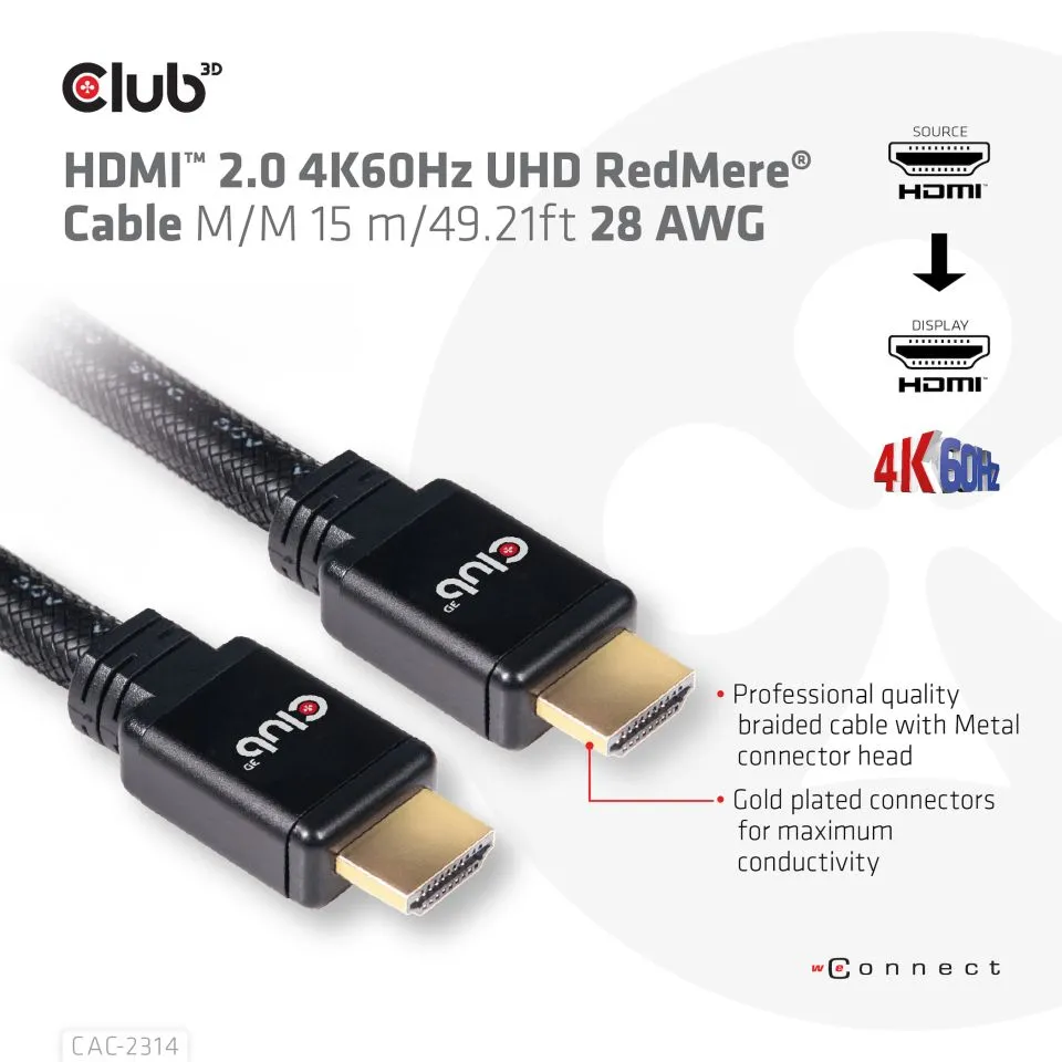 Club 3D  HDMI &ndash; HDMI 2.0 - kabel, 15 m, Svart