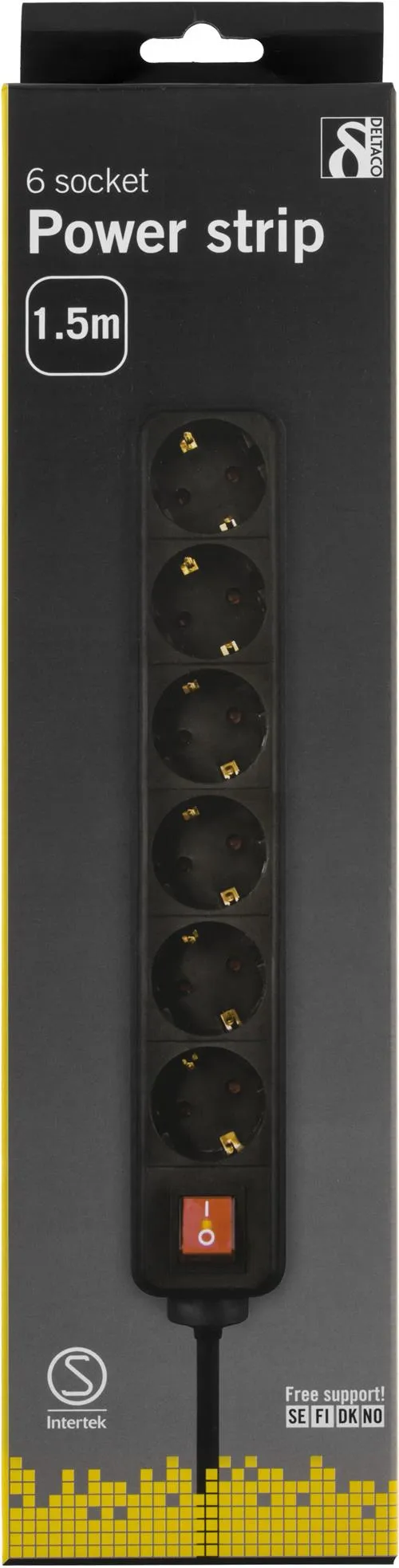 Deltaco GT-123 6 outlets Power Strip, 1.5m, Black