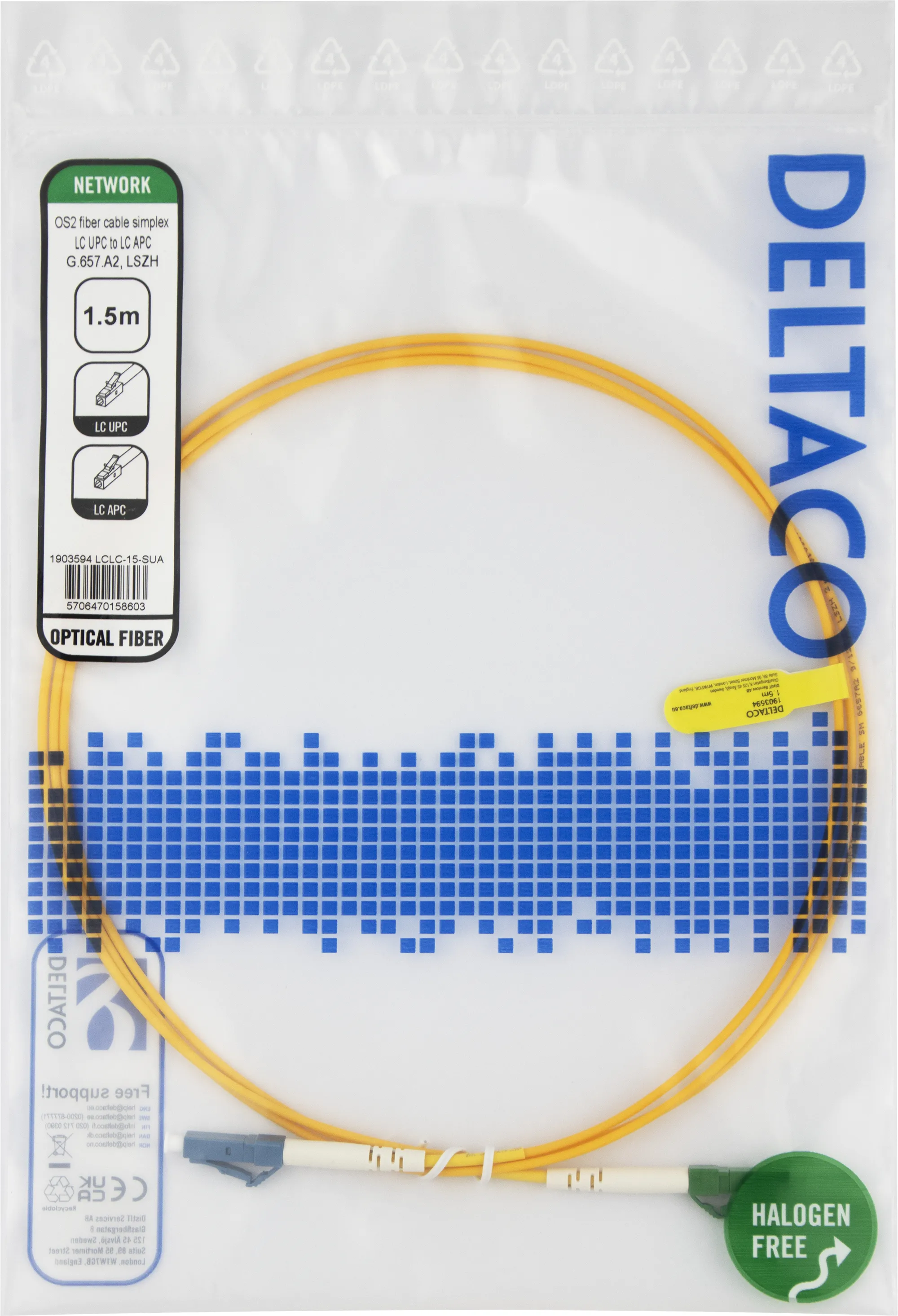 Deltaco OS2 LSZH LC-LC 1.5m fiberkabel, gul