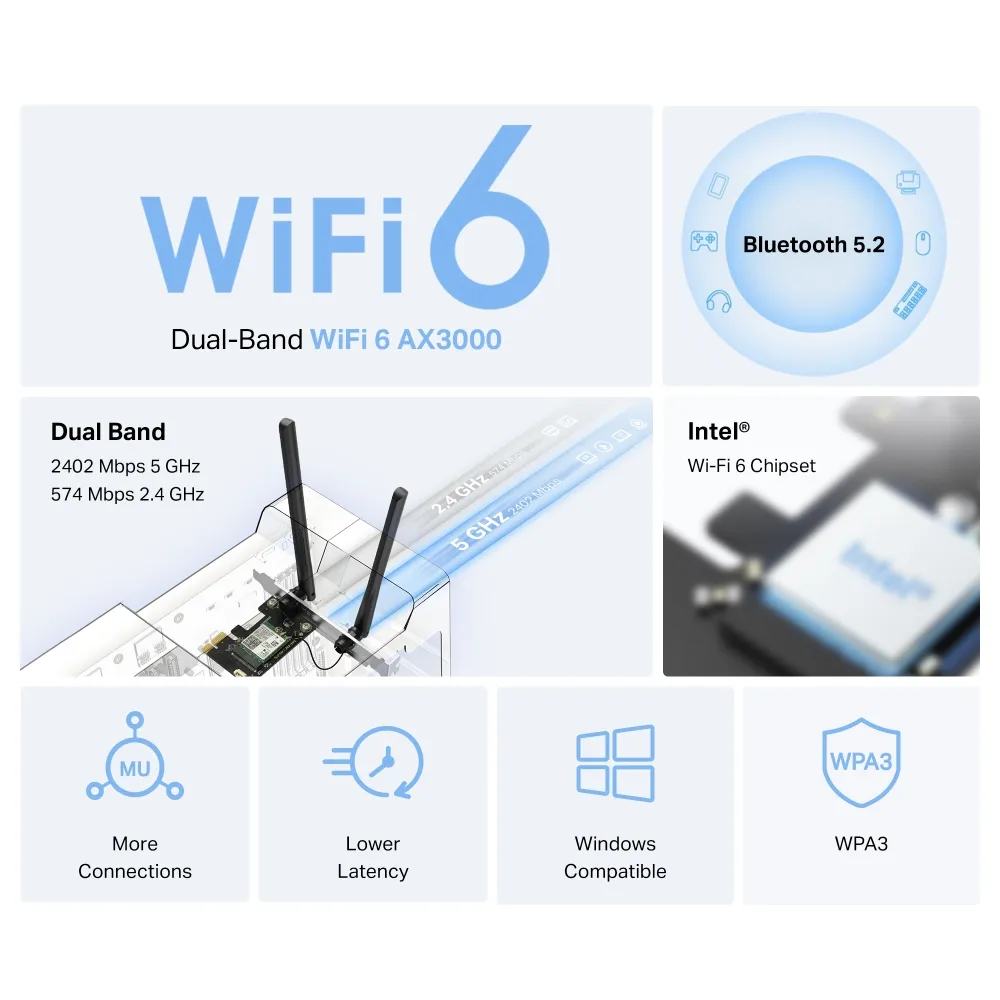 MERCUSYS MA80XE AX3000 - Wi-Fi 6 Bluetooth 5.3 PCI Express adapter, Black