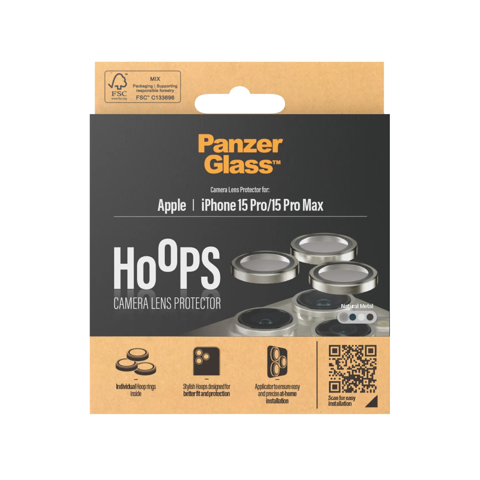 PanzerGlass Hoops, iPhone 15 Pro / 15 Pro Max -kameran linssinsuoja, Natural