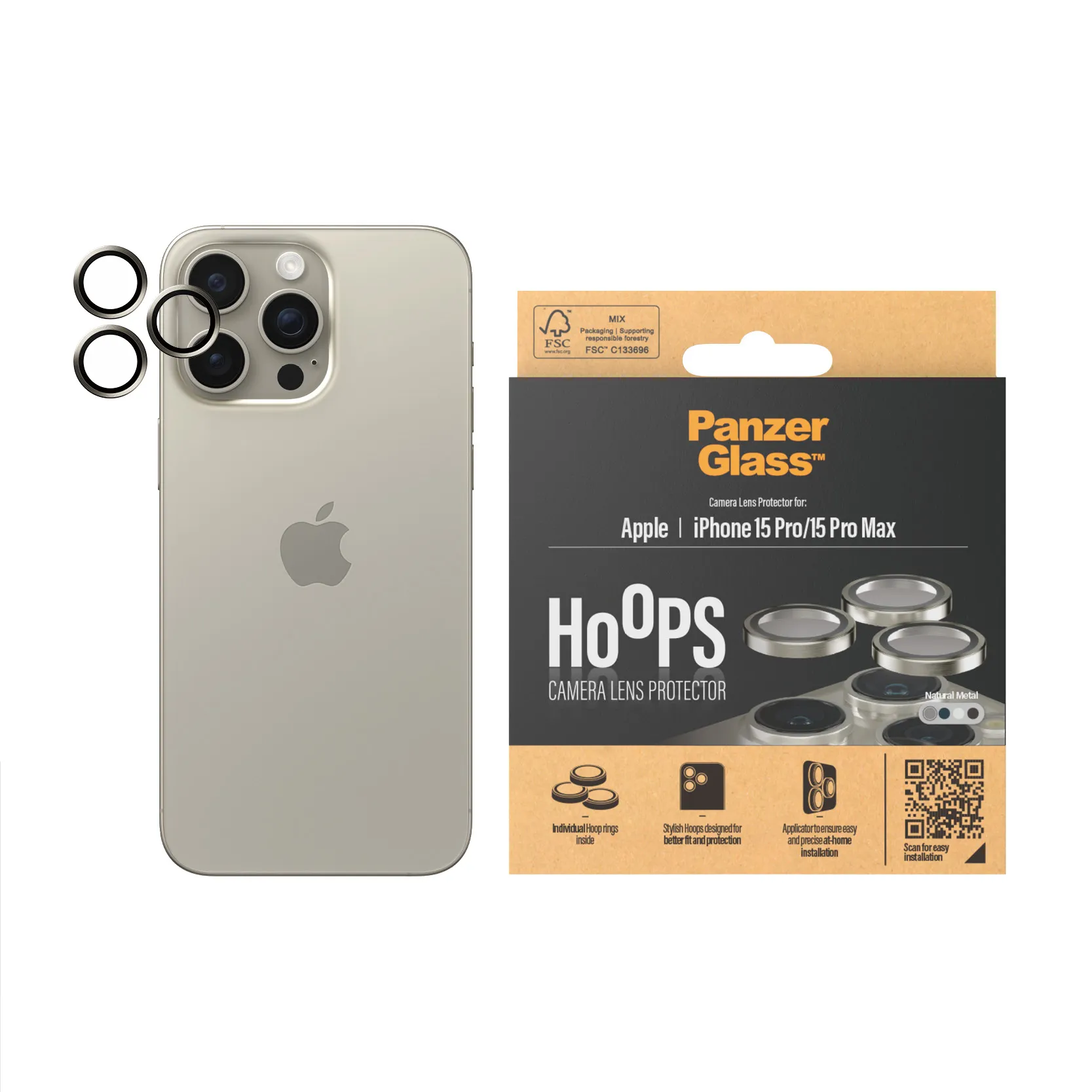 PanzerGlass Hoops, iPhone 15 Pro / 15 Pro Max -kameran linssinsuoja, Natural