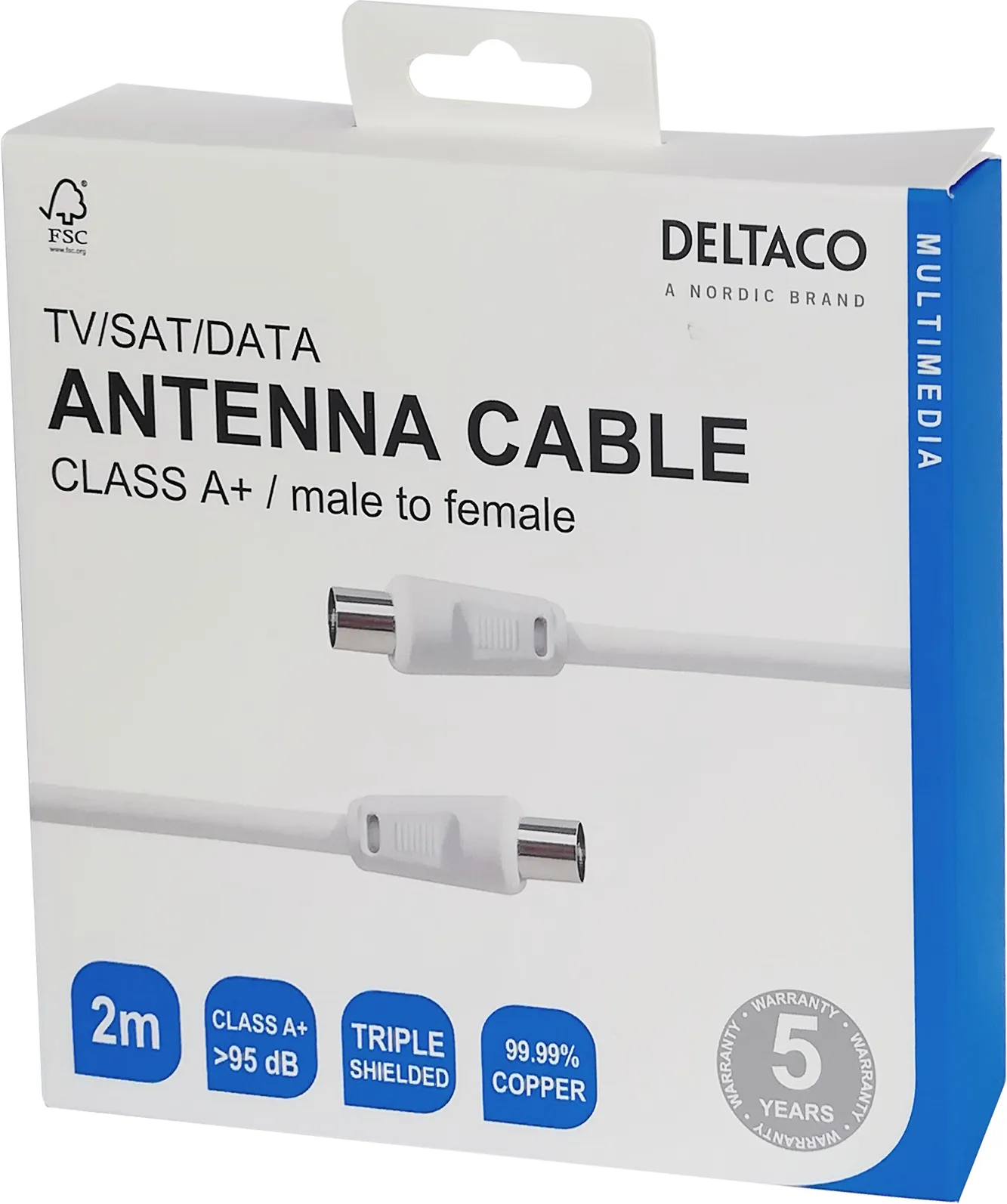 DELTACO Class A+ - Antennkabel, IEC 169-2 hane till hona, 2 meter, vit
