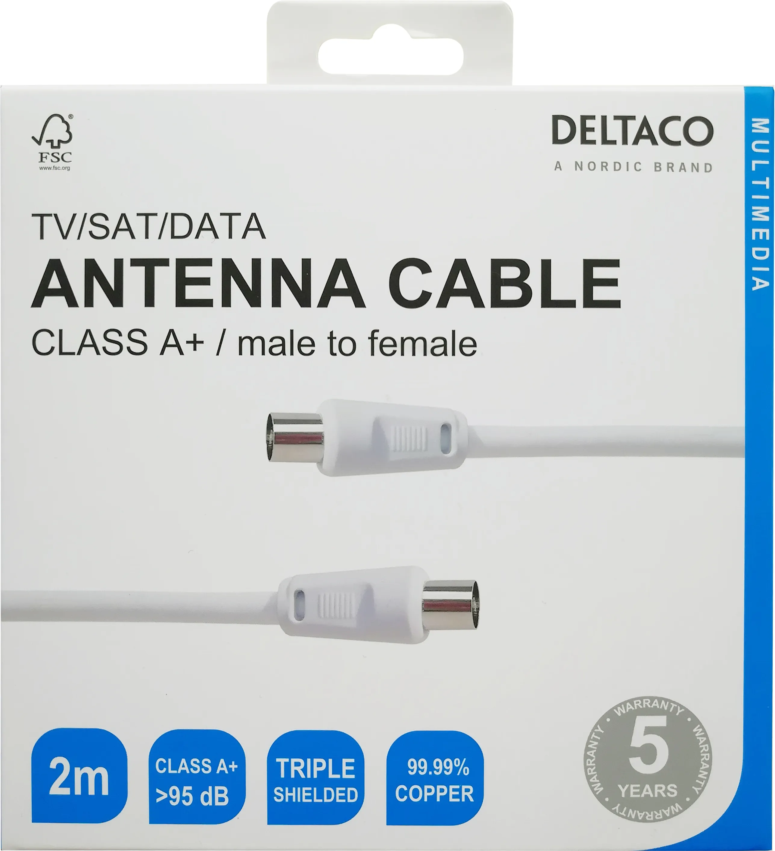 DELTACO Class A+ - Antennkabel, IEC 169-2 hane till hona, 2 meter, vit