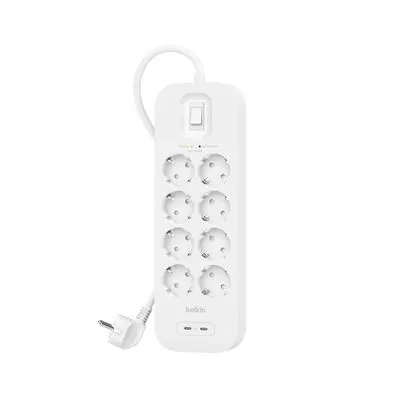 Belking Connect pistorasia, ylijännitesuoja 2xUSB-C 30W PD 8 pistoketta jatkojohto, 2m, Valkoinen